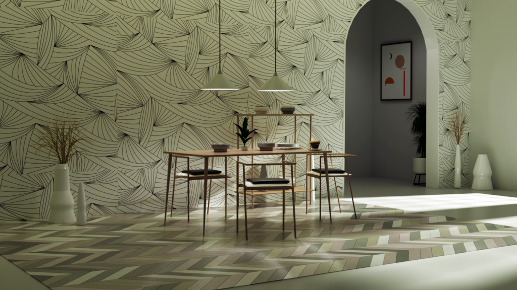 A luxurious dining setup, with the backdrop of a wall covered with beautiful wallpaper.
